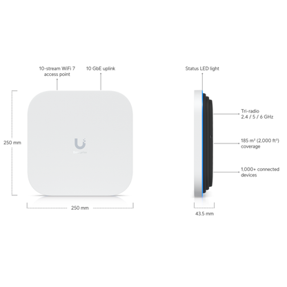 Ubiquiti UniFi E7 | Enterprise Indoor Wi-Fi 7 Access Point (10-Stream Tri-Band, 1x10 GbE + 1x1 GbE, PoE++)