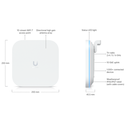 Ubiquiti UniFi E7 Campus | Enterprise Outdoor/Indoor Wi-Fi 7 Access Point (10-Stream Tri-Band, PRISM™ RF Filtering, 1x10 GbE + 1x1 GbE)