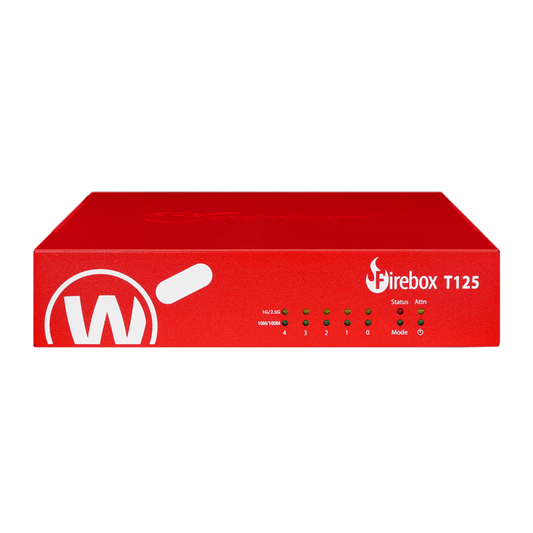 WatchGuard Firebox T125 | Remote Site Tabletop Firewall (1x2.5 GbE + 4x1 GbE, 510 Mbps UTM, 30 VPN Tunnels)